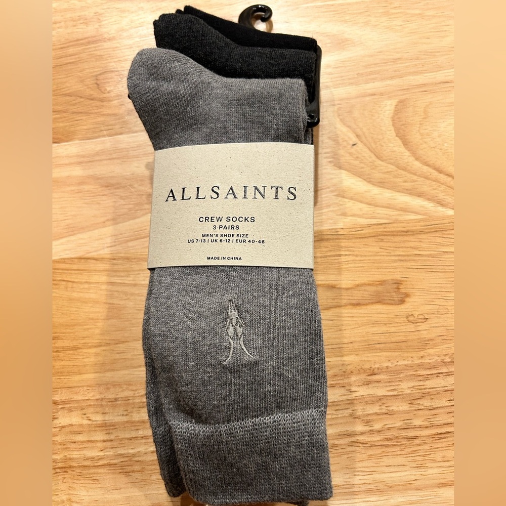 NWT AllSaints Men's Heather Grey and Black Crew Socks w Logo 3-pack 7-13
